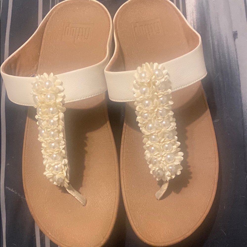 Fitflop Cream and Brown Sandals with Floral Embellishments.  No Box.